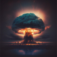Big nuclear explosion with a mushroom cloud and fire in the dark, Generative ai