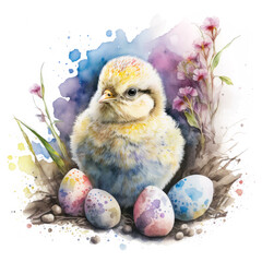 Easter chick and eggs, watercolor, Generative AI