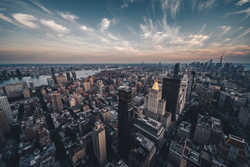 New York City skyline from high above at sunset