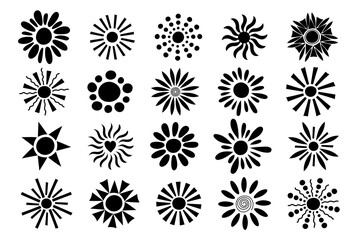 Sun silhouettes set, summertime vacations hand drawn doodle vector illustration for seasonal home or party decor, simple silhouette, minimalist concept, design for kids