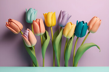 A bouquet of colorful tulips on a violet background. This vibrant mix adds a pop of color to any space. Ideal for Mothers Day, romantic gestures, backgrounds, posters, flyer and more. generative ai