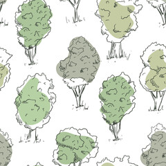 trees with lush leaf crown in sketch style, vector seamless pattern.