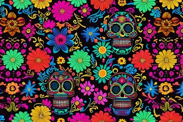 Seamless pattern with Sugar Skulls and Flowers, Colorful background, Generative AI