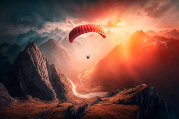 Paraglider flying over landscape from the background beauty nature mountain landscape of the sky. Paragliding Sports. Concept of extreme sport, taking adventure challenge, generative ai