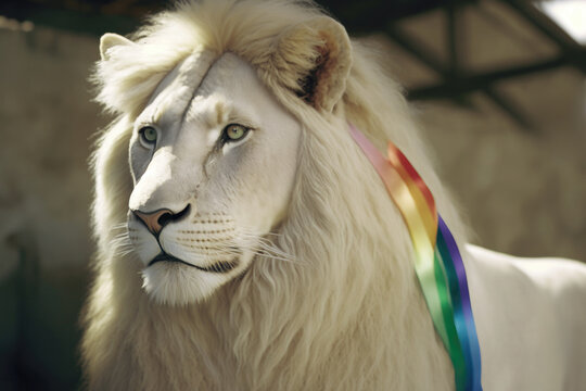 White albino lion with rainbow ribbon. LGTBIQ+. generative ai