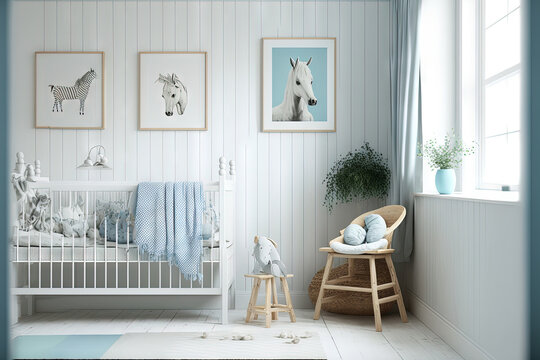 Interior Of A Baby Nursery Featuring A Crib, A Photo Gallery, A Doll Horse, Frames, And Posters. Idea Of An Inviting House. A Mockup. Generative AI