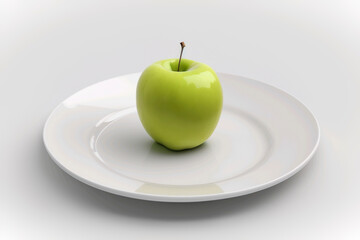 Green apple is displayed on a plate against a flawless white background. ai generated.