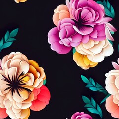 Seamless Flower design, Colorful Red Purple Yellow Pink, Dark Black Background Banner, Print texture, Generative Ai 