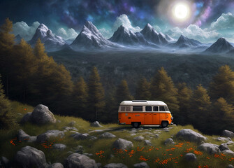 camping in the mountains. trailer car, caravan, journey, rocks, star landscape