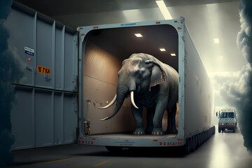 Transportation of an elephant in cargo hold of airplane to zoo. Concept of illegal smuggling of exotic animals. Generation AI
