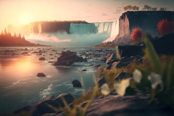 Landscape Niagara Falls with sunset, USA. Generation AI