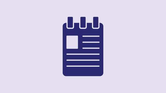 Blue Notebook icon isolated on purple background. Spiral notepad icon. School notebook. Writing pad. Diary for school. 4K Video motion graphic animation