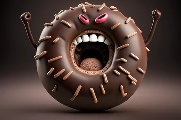 Fotobehang Lustiger und Lachender Schoko Donut mit Gesicht, Generative AI  © Stephan