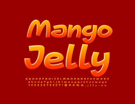 Vector Sweet Sign Mango Jelly With Glossy Candy Font. Bright Creative Alphabet Letters, Numbers And Symbols Set