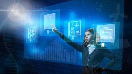 Preteen schoolgirl touching digital screen with different educational directions