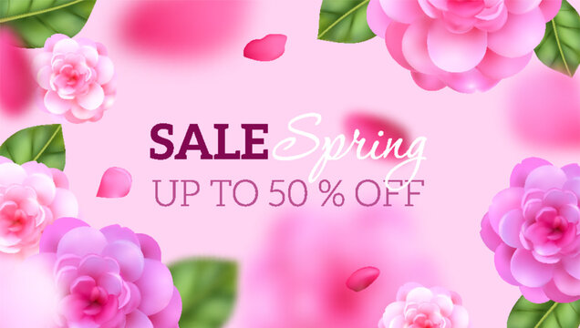 Special offer. Mother's day sale banner with realistic camellia flowers and promotional discount text design. Vector illustration