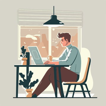 Young man working on the computer desk cartoon vector illustration