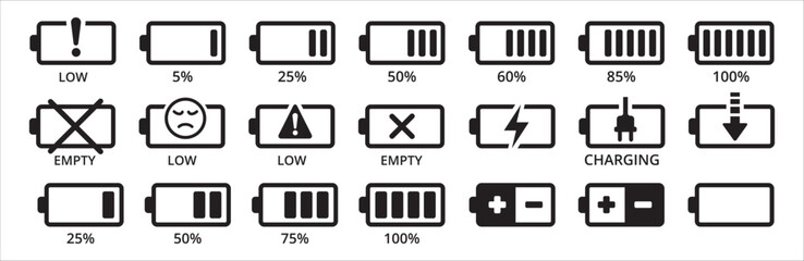 Battery icon set. Battery charging level sign. Charge indicator from 5 percent to 100 percent. Horizontal battery vector illustration in out line style. complete sets.