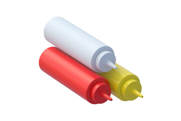 Group of bottles for sauces for fast food isolated on white background. 3d render