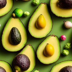 Seamless Avocado design, Background Banner, Print texture, Greens, Generative AI