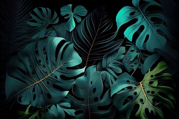 Dark green tropical leaves colorful neon light, backlight, leaves composition, plant background, manstera, palm leaves. Generative AI