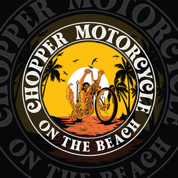 chopper motorcycle on the beach, ridding and sunset.