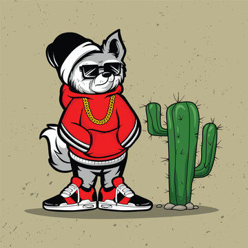 Cute swag cat with golden chain hat and necklace cartoon illustration and cactus tree in front. hip-hop style