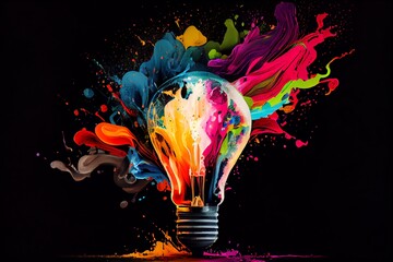 Lightbulb eureka moment with Impactful and inspiring artistic colourful explosion of paint energy. Generative AI - obrazy, fototapety, plakaty