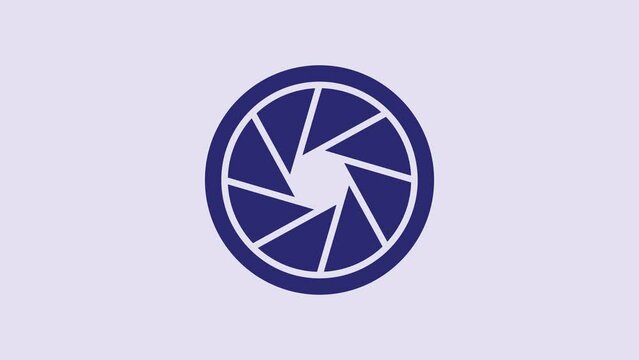 Blue Camera shutter icon isolated on purple background. 4K Video motion graphic animation
