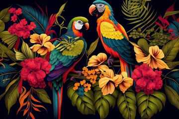 Fototapeta premium Tropical exotic pattern with parrots and flowers in bright colors. Generative AI