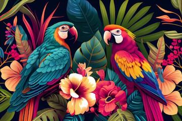 Obraz premium Tropical exotic pattern with parrots and flowers in bright colors. Generative AI