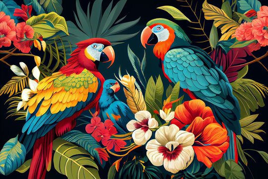 Tropical exotic pattern with parrots and flowers in bright colors. Generative AI