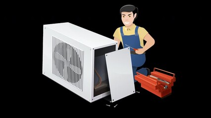 Animation loop of an open heat pump with the propeller having trouble spinning with a repairman doing repairs with alpha channel