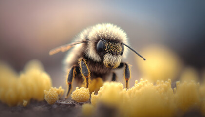 macro d'une abeille qui buttine - obrazy, fototapety, plakaty