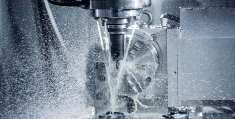 Coseup Working CNC turning cutting metal Industry machine iron tools with splash water - obrazy, fototapety, plakaty