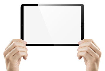Hands holding black tablet cut out