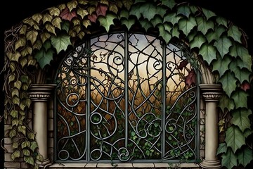 Stained glass with vines infront Generative AI