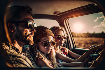Young happy family traveling to holiday road trip. Summer vacation in car in the sunset. Ai generative.