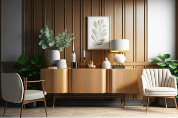 Interior of modern living room with beige sideboard over wooden paneling wall. Contemporary room with console table and armchairs. Home design. 3d rendering - created with AI