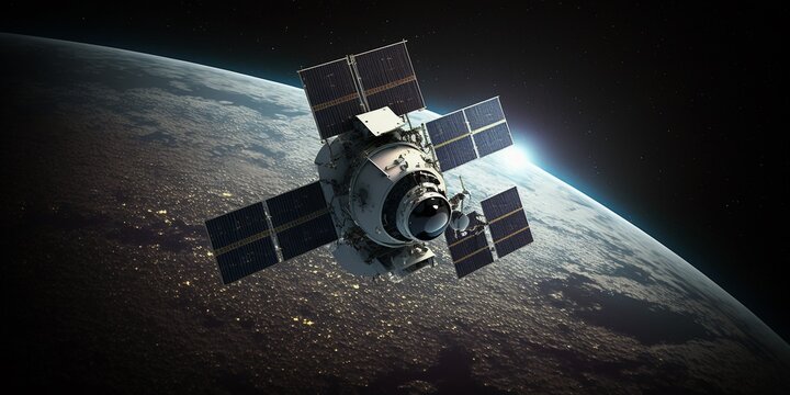 Satellit in Erdumlaufbahn mit Blick auf Planet Erde, ai generativ
