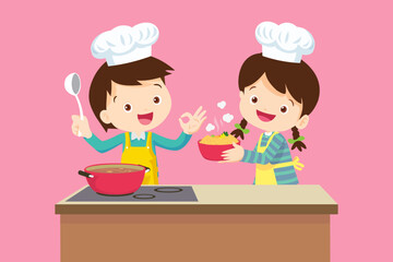 Cute Boy and Girl cooking in the kitchen. happy little chef kids