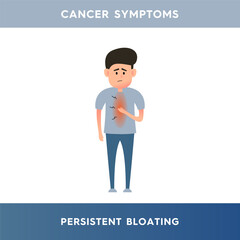 Vector illustration of a man suffering from bloating. The man experiences constant bloating. Symptoms of cancer, irritable bowel syndrome or food allergies.