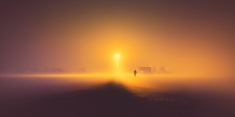 Fototapeta na wymiar fog in the morning farming field, background sunset illumination, illustration generativ ai