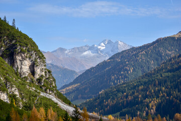 Fototapeta premium Autumn in the Austrian Alps. Village of Mittelberg in Kleinwalsertal in the Allgau Alps.