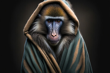 Portrait of a mandrill dressed in a bathrobe on a isolated background.Created with generative ai