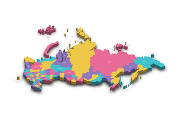 Russia political map of administrative divisions - oblasts, republics, autonomous okrugs, krais, autonomous oblast and 2 federal cities of Moscow and Saint Petersburg. Colorful 3D vector map with
