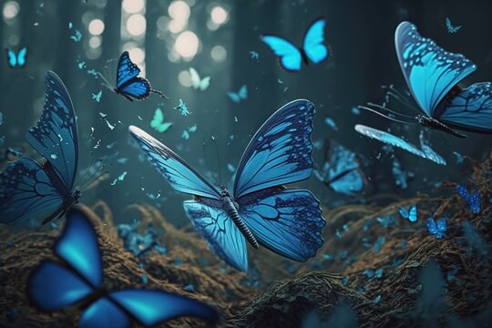 Blue Natural Butterflies From Our Blue Collection. 3d Butterfly