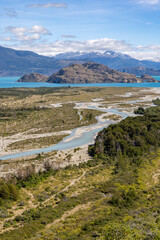Aerial View of a creek flowing to  the beautiful Lago General Carrera in southern Chile - Traveling the Carretera Austral 