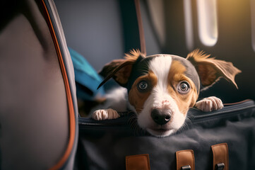 Concept trip with pet animal. Happy Dog in travel bag on board of airplane. Generation AI