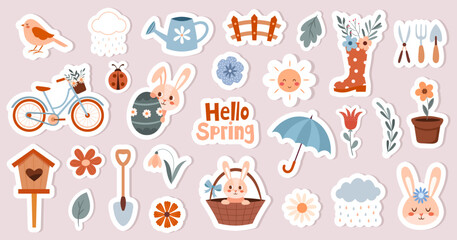 A set of cute stickers with Easter bunnies, elements of spring